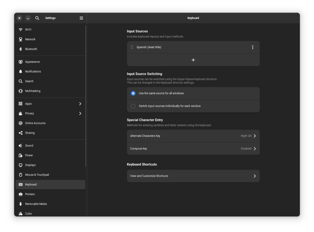 settings keyboard shortcuts