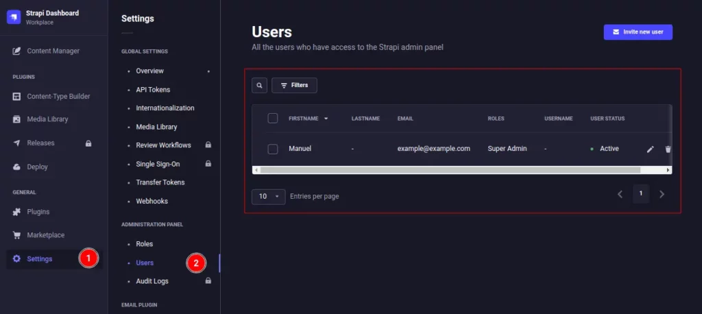 users strapi admin panel